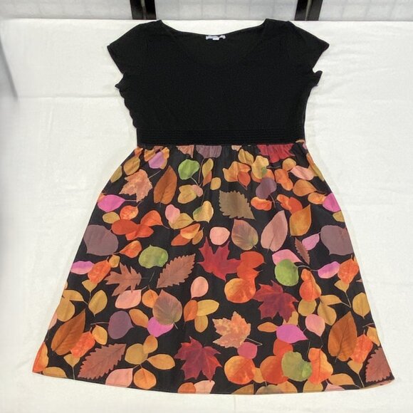 Isaac Mizrahi Leaf Print V Neck Cap Sleeve Elastic Waist Midi Dress Black Orange - Picture 7 of 13